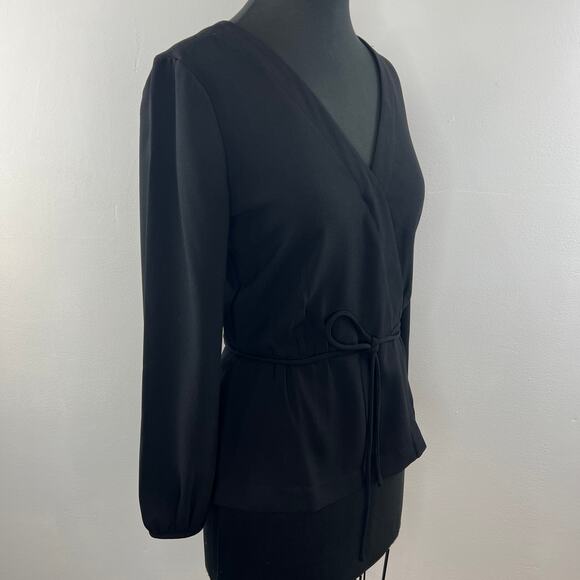 J. Crew Black Long Sleeve Polyester Drapey Crepe Faux Wrap Tie Waist Top Size 4 - Picture 4 of 9